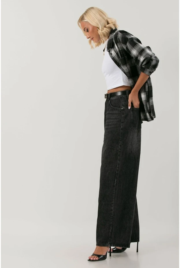 Jean wide leg με ζώνη μαύρο