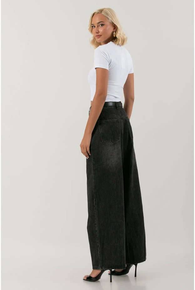 Jean wide leg με ζώνη μαύρο