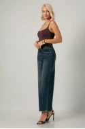 Jean wide leg με κεντητά γράμματα στο τελείωμα και ξέφτια μπλε σκούρο