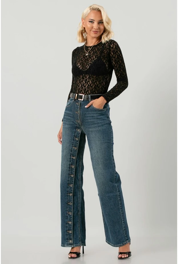 Jean wide leg με ασύμμετρο σχέδιο από κουμπιά μπλε