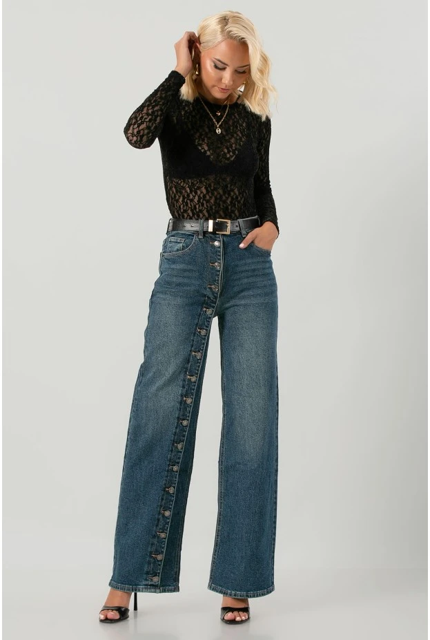 Jean wide leg με ασύμμετρο σχέδιο από κουμπιά μπλε