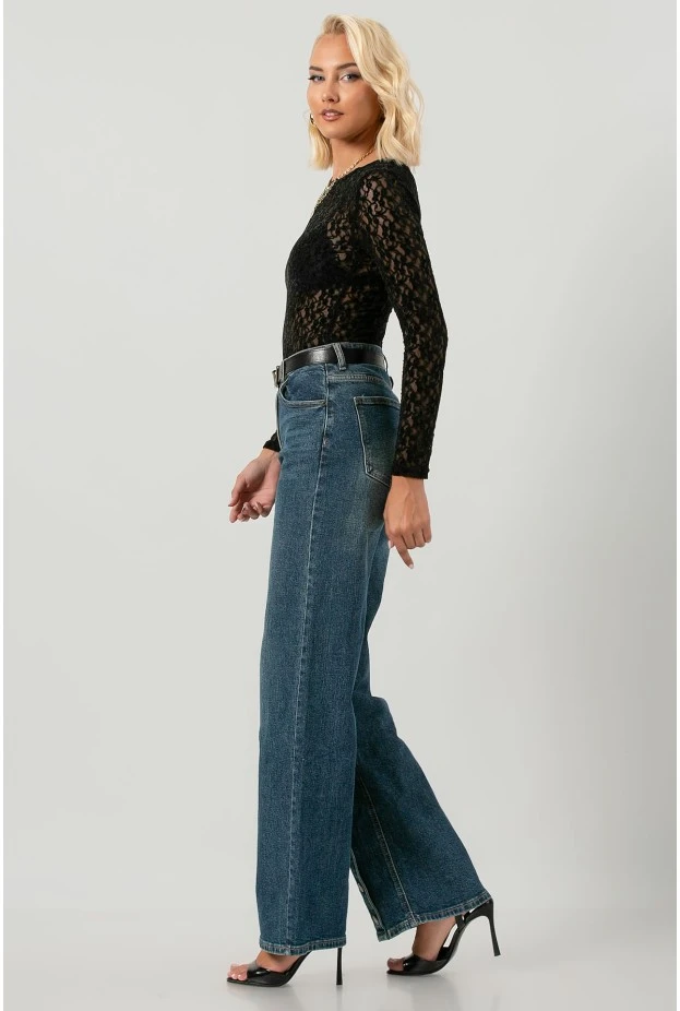 Jean wide leg με ασύμμετρο σχέδιο από κουμπιά μπλε