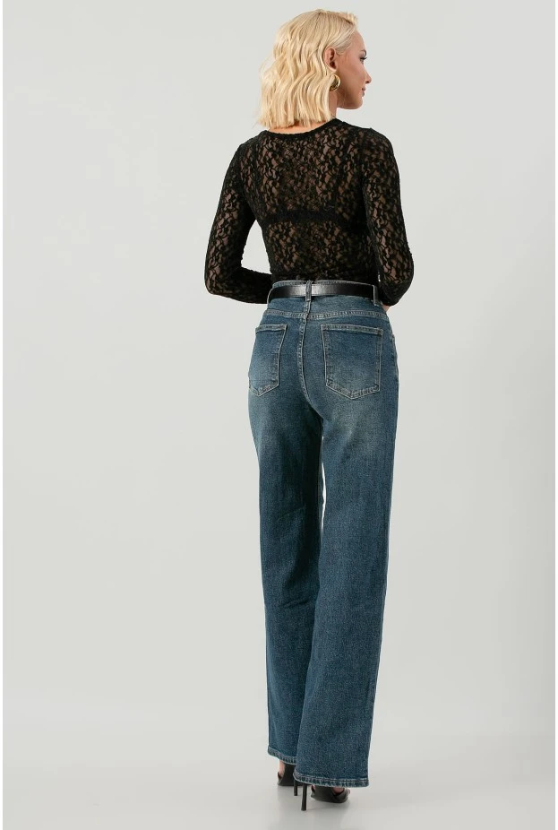 Jean wide leg με ασύμμετρο σχέδιο από κουμπιά μπλε
