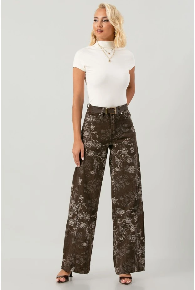 Jean wide leg με κεντητά λουλούδια καφέ