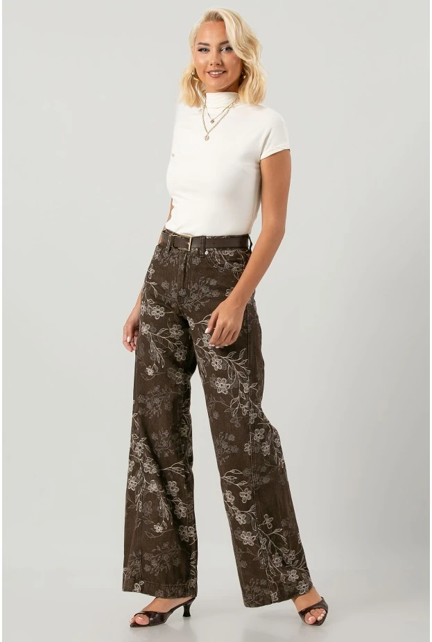 Jean wide leg με κεντητά λουλούδια καφέ