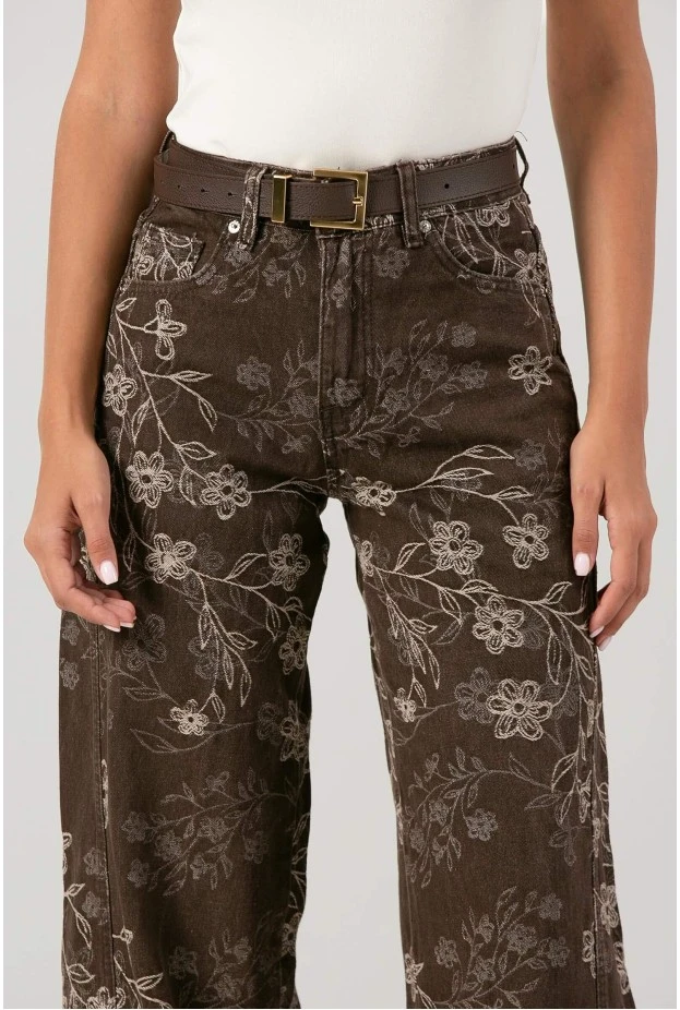 Jean wide leg με κεντητά λουλούδια καφέ