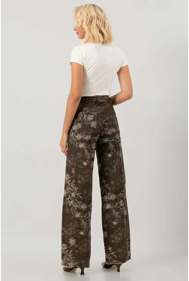 Jean wide leg με κεντητά λουλούδια καφέ