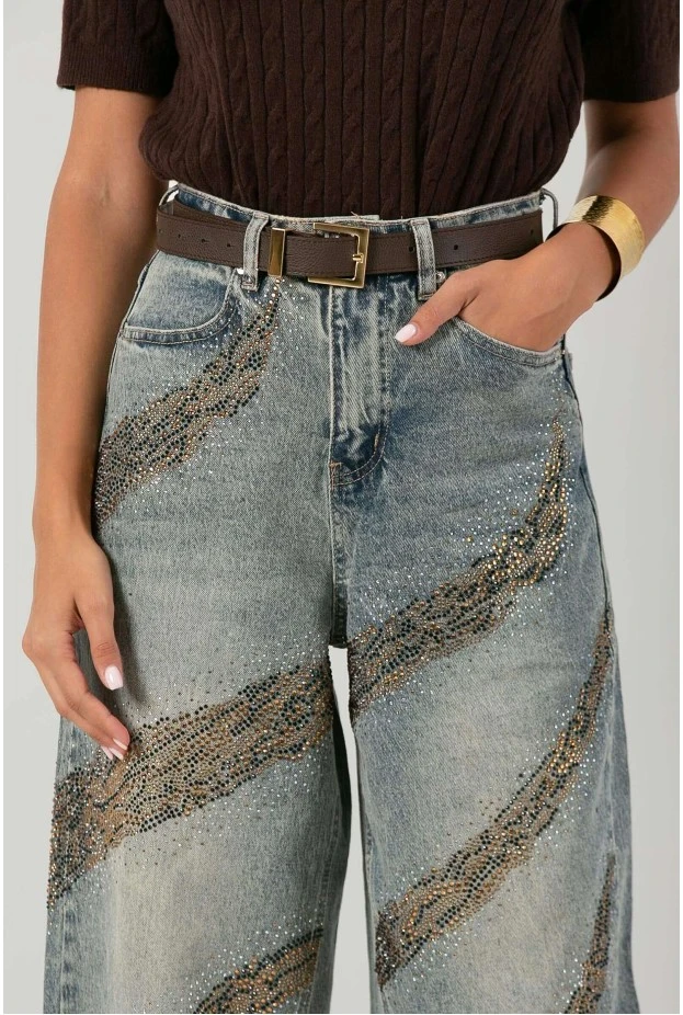 Jean balloon fit με σχέδιο από στράς dirty blue