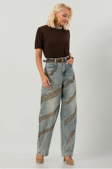 Jean balloon fit με σχέδιο από στράς dirty blue