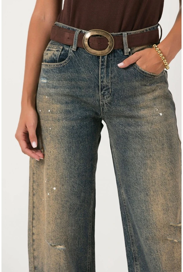 Jean wide leg με εφέ μπογιάς λάμψη και φθορές dirty blue