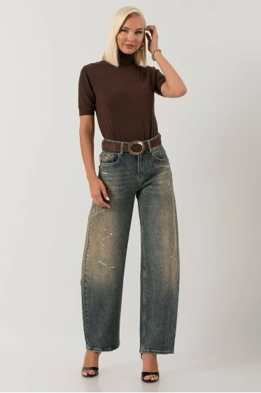 Jean wide leg με εφέ μπογιάς λάμψη και φθορές dirty blue