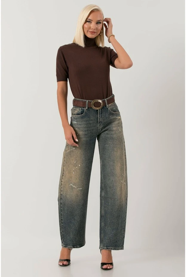 Jean wide leg με εφέ μπογιάς λάμψη και φθορές dirty blue