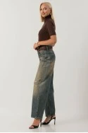 Jean wide leg με εφέ μπογιάς λάμψη και φθορές dirty blue