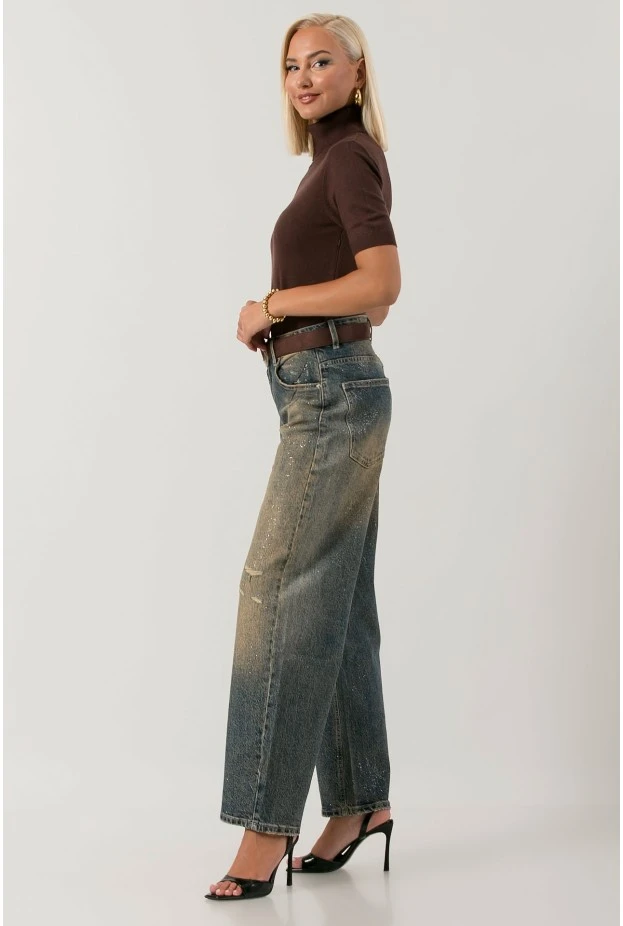 Jean wide leg με εφέ μπογιάς λάμψη και φθορές dirty blue