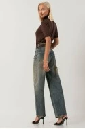 Jean wide leg με εφέ μπογιάς λάμψη και φθορές dirty blue