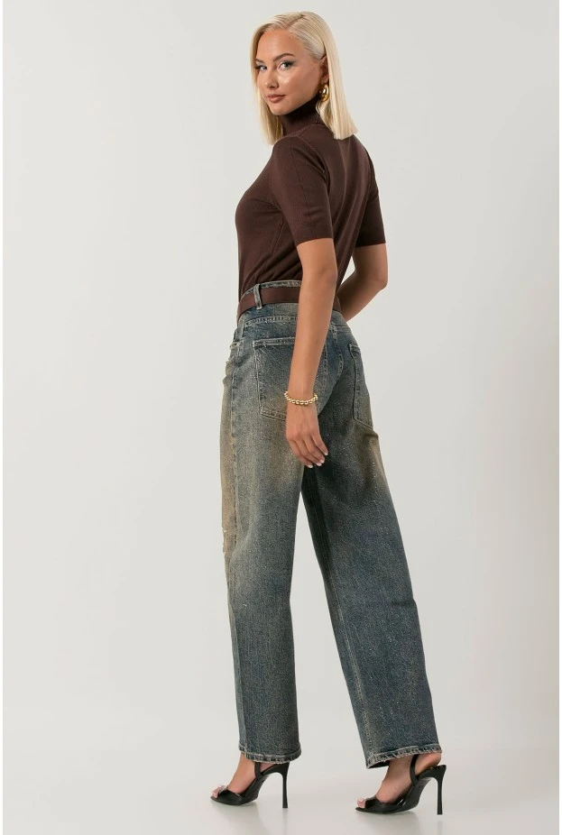Jean wide leg με εφέ μπογιάς λάμψη και φθορές dirty blue