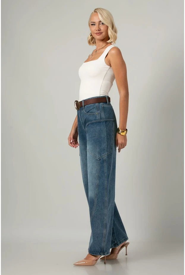 Jean balloon fit με μεγάλες τσέπες στο πλάι μπλε