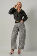Jean balloon fit με κεντητά λουλούδια γκρι