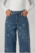 Jean straight leg με κεντητά λουλούδια μπλε