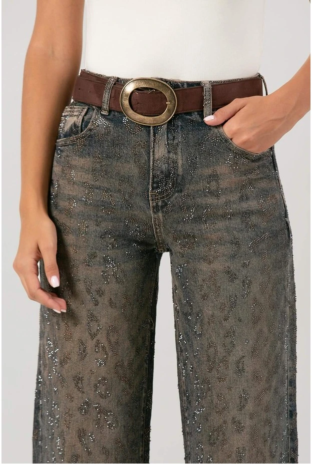 Jean carrot με animal print στρας dirty blue