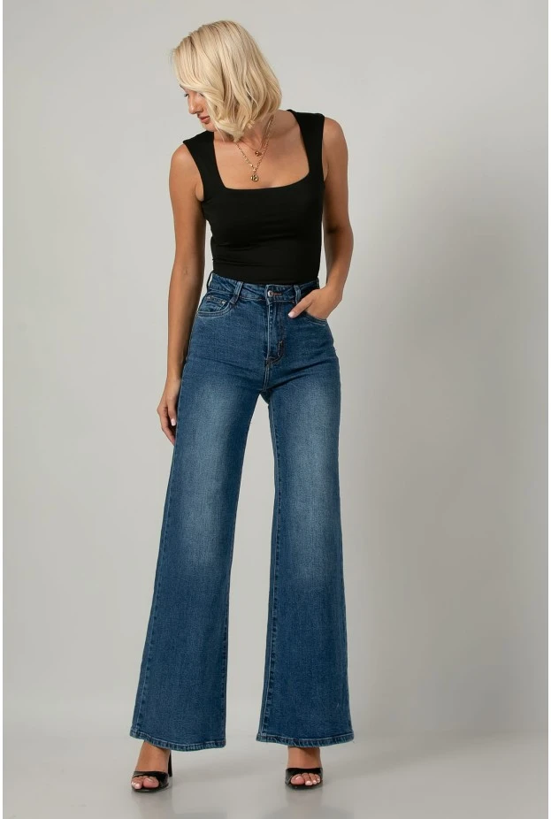 Jean wide leg push up μπλε σκούρο