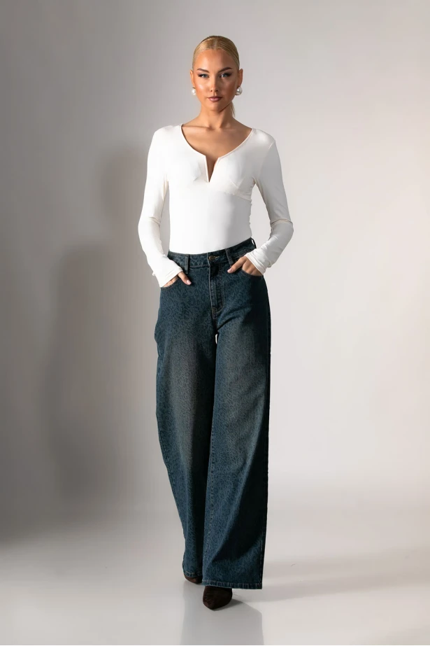 Jean wide leg με λεοπάρ λεπτομέρειες μπλε 