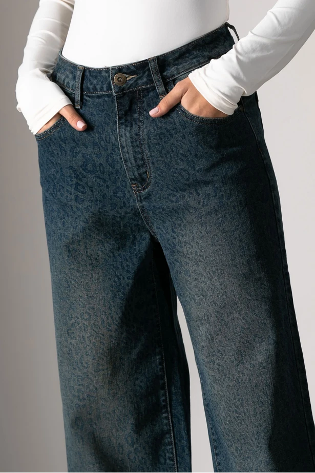 Jean wide leg με λεοπάρ λεπτομέρειες μπλε 