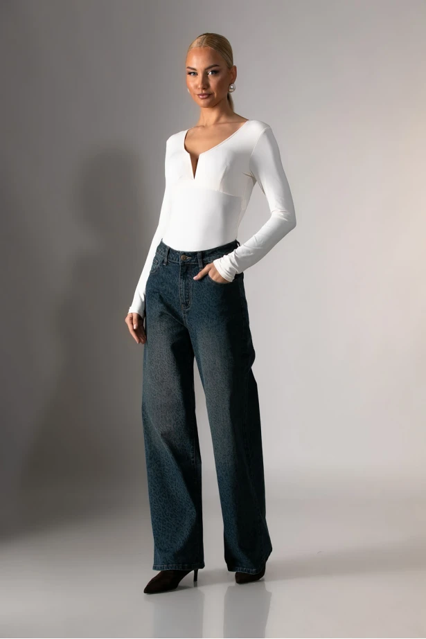 Jean wide leg με λεοπάρ λεπτομέρειες μπλε 