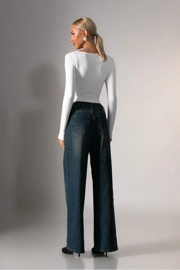 Jean wide leg με λεοπάρ λεπτομέρειες μπλε 