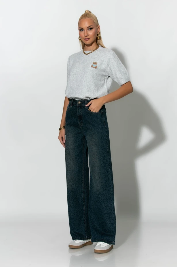 Jean wide leg με λεοπάρ λεπτομέρειες μπλε 