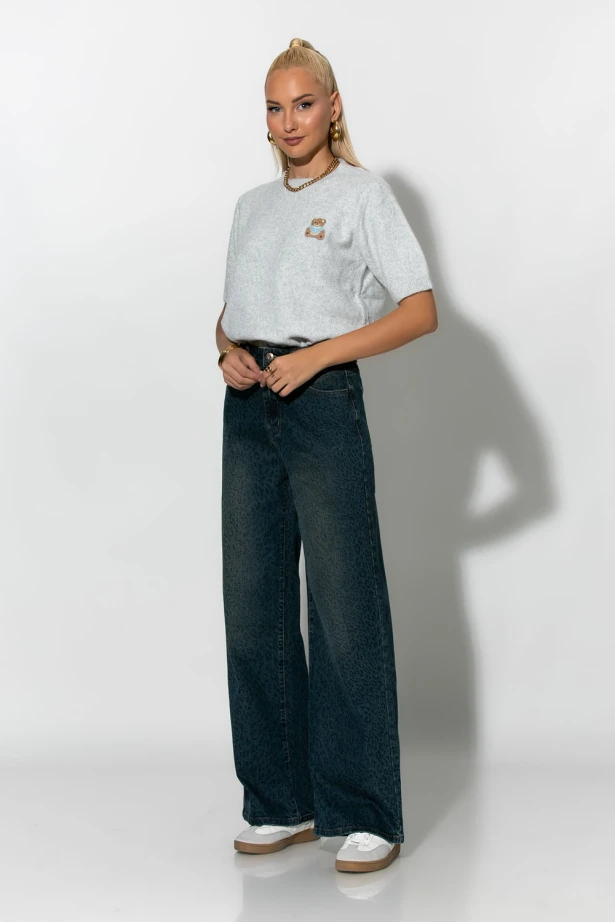 Jean wide leg με λεοπάρ λεπτομέρειες μπλε 
