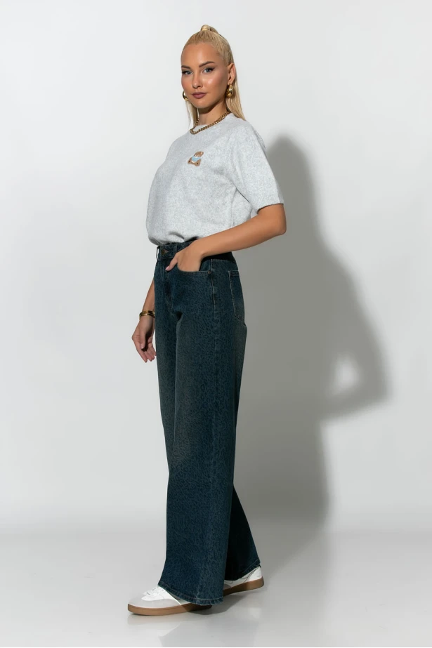 Jean wide leg με λεοπάρ λεπτομέρειες μπλε 