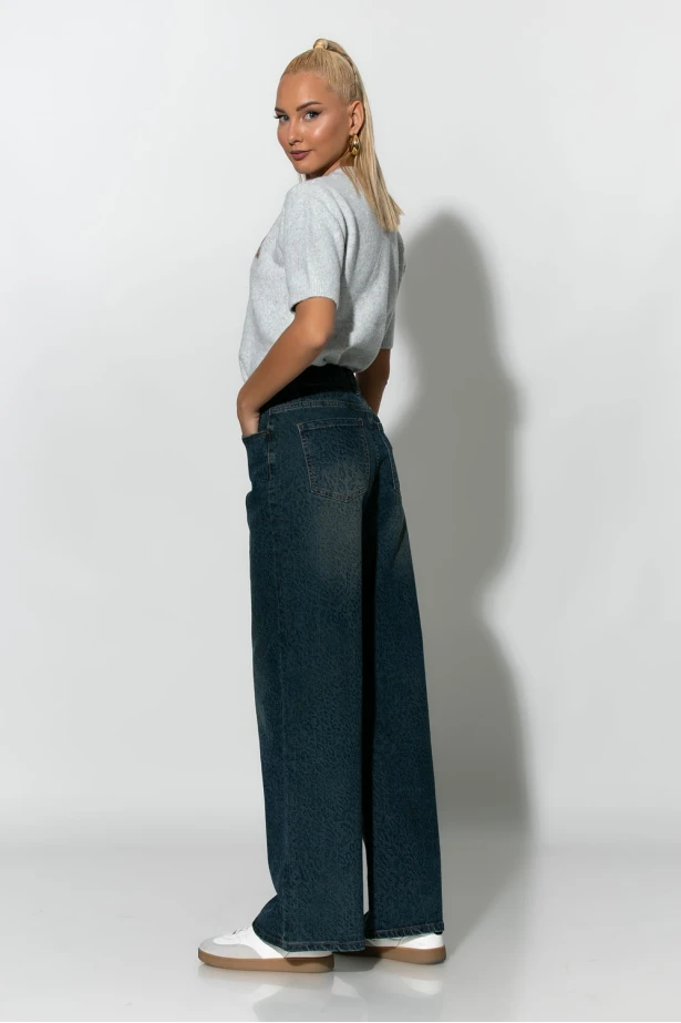 Jean wide leg με λεοπάρ λεπτομέρειες μπλε 