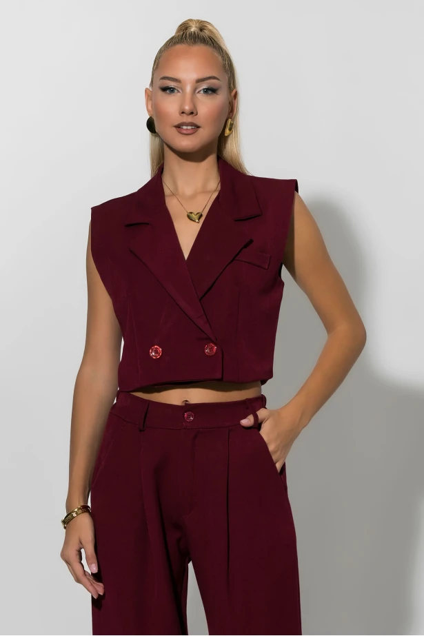 Σετ loose παντελόνα και cropped γιλέκο μπορντό Σετ loose παντελόνα και cropped γιλέκο μπορντό