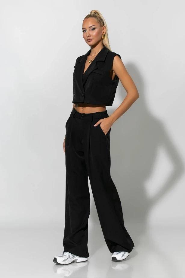 Σετ loose παντελόνα και cropped γιλέκο μαύρο Σετ loose παντελόνα και cropped γιλέκο μαύρο