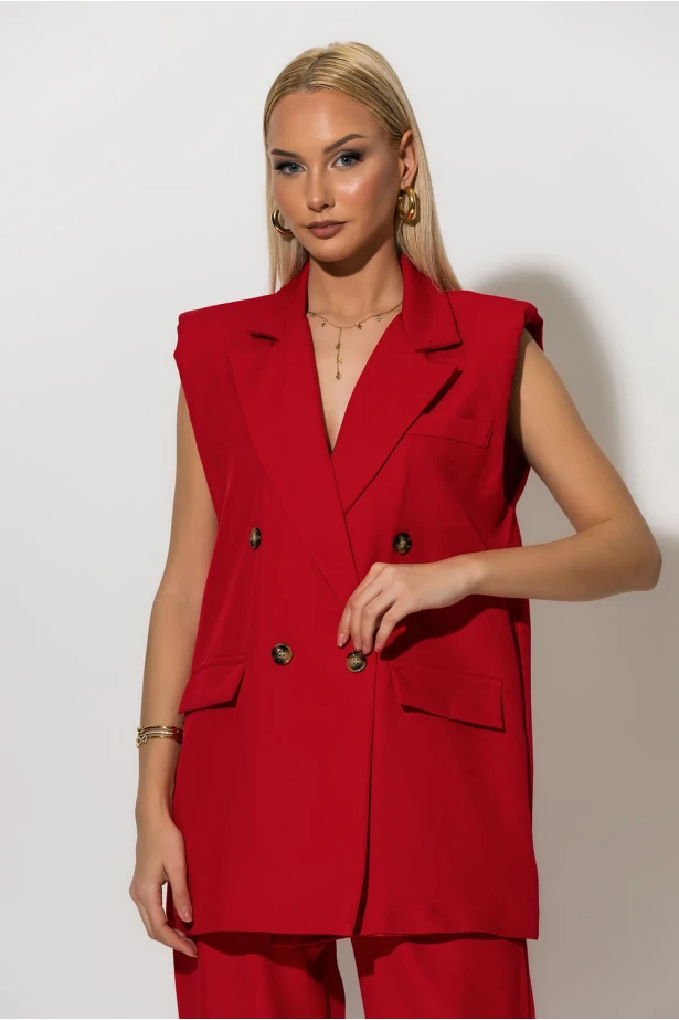 Σετ παντελόνι και oversized αμάνικο blazer με βάτες κόκκινο Σετ παντελόνι και oversized αμάνικο blazer με βάτες κόκκινο