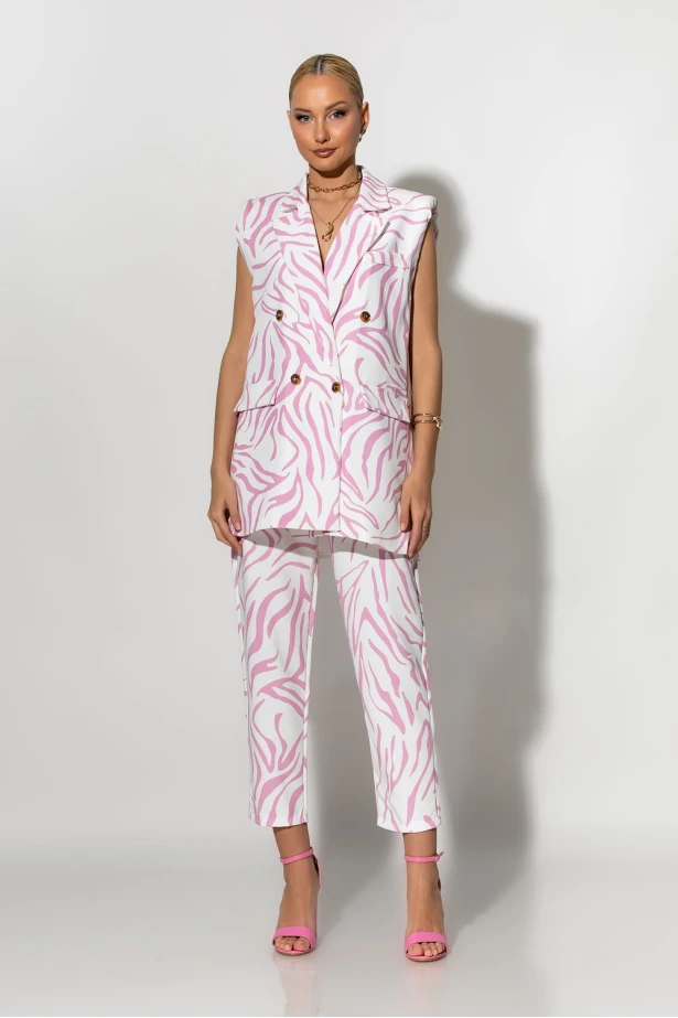 Σετ παντελόνι και oversized αμάνικο blazer με βάτες zebra print λευκό-ροζ 