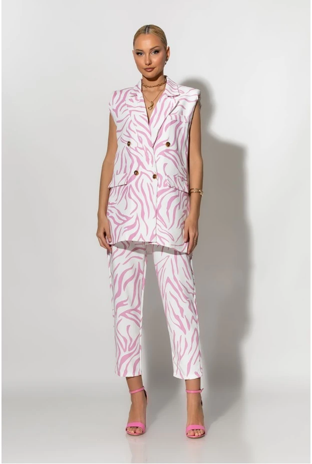 Σετ παντελόνι και oversized αμάνικο blazer με βάτες zebra print λευκό-ροζ 