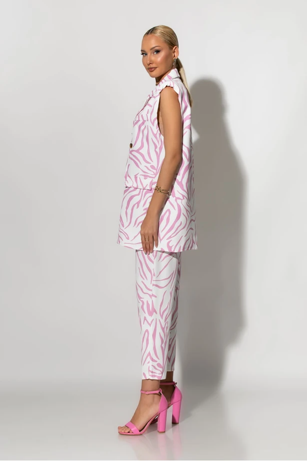 Σετ παντελόνι και oversized αμάνικο blazer με βάτες zebra print λευκό-ροζ 