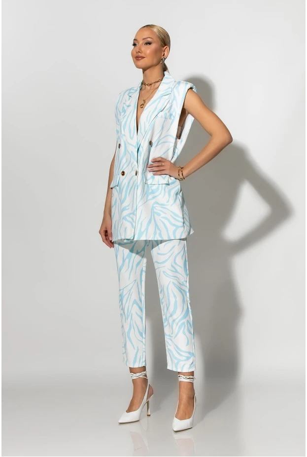Σετ παντελόνι και oversized αμάνικο blazer με βάτες zebra print λευκό-σιέλ