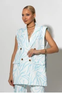 Σετ παντελόνι και oversized αμάνικο blazer με βάτες zebra print λευκό-σιέλ Σετ παντελόνι και oversized αμάνικο blazer με βάτες zebra print λευκό-σιέλ