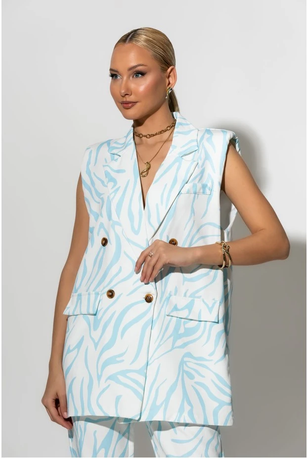 Σετ παντελόνι και oversized αμάνικο blazer με βάτες zebra print λευκό-σιέλ