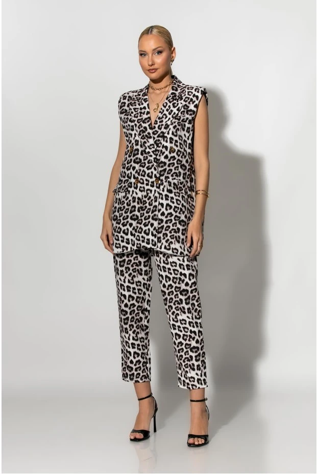 Σετ παντελόνι και oversized αμάνικο blazer με βάτες leopard print μπεζ
