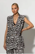 Σετ παντελόνι και oversized αμάνικο blazer με βάτες leopard print μπεζ Σετ παντελόνι και oversized αμάνικο blazer με βάτες leopard print μπεζ