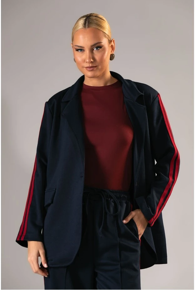 Σετ blazer και παντελόνα με ρίγες στο πλάι μπλε-κόκκινο 