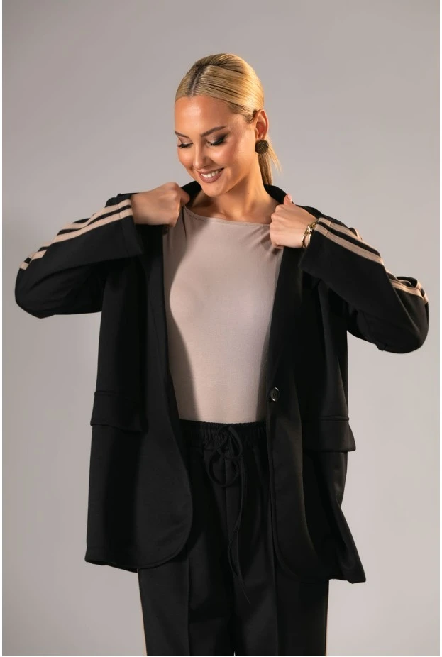 Σετ blazer και παντελόνα με ρίγες στο πλάι μαύρο-μπεζ
