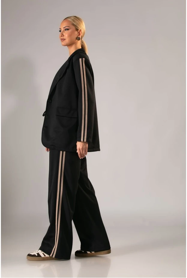 Σετ blazer και παντελόνα με ρίγες στο πλάι μαύρο-μπεζ