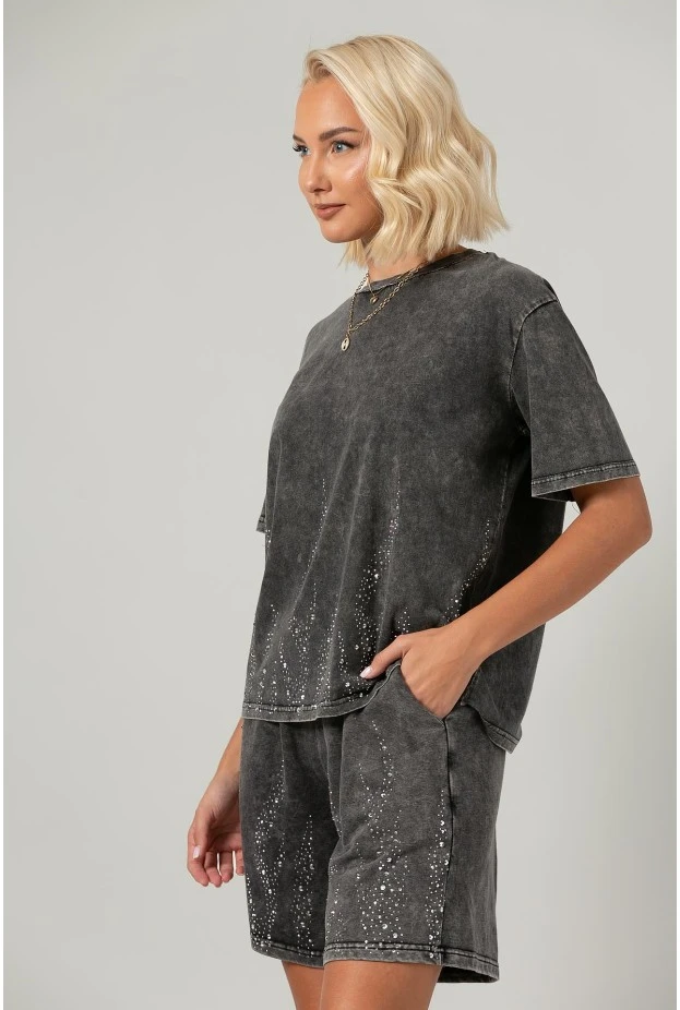 Σετ σόρτς και t-shirt με στράς ανθρακί