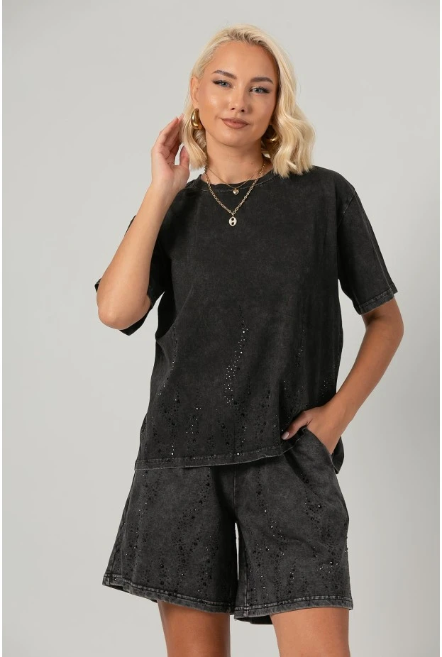 Σετ σόρτς και t-shirt με στράς μαύρο