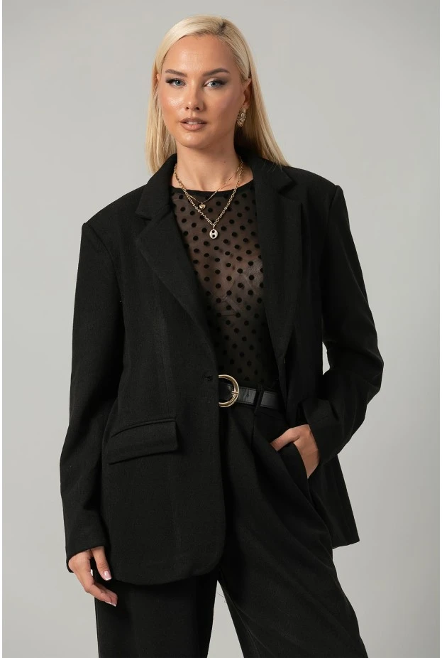 Σετ blazer με ιδιαίτερη ύφανση και παντελόνα με πιέτες και λάστιχο μαύρο